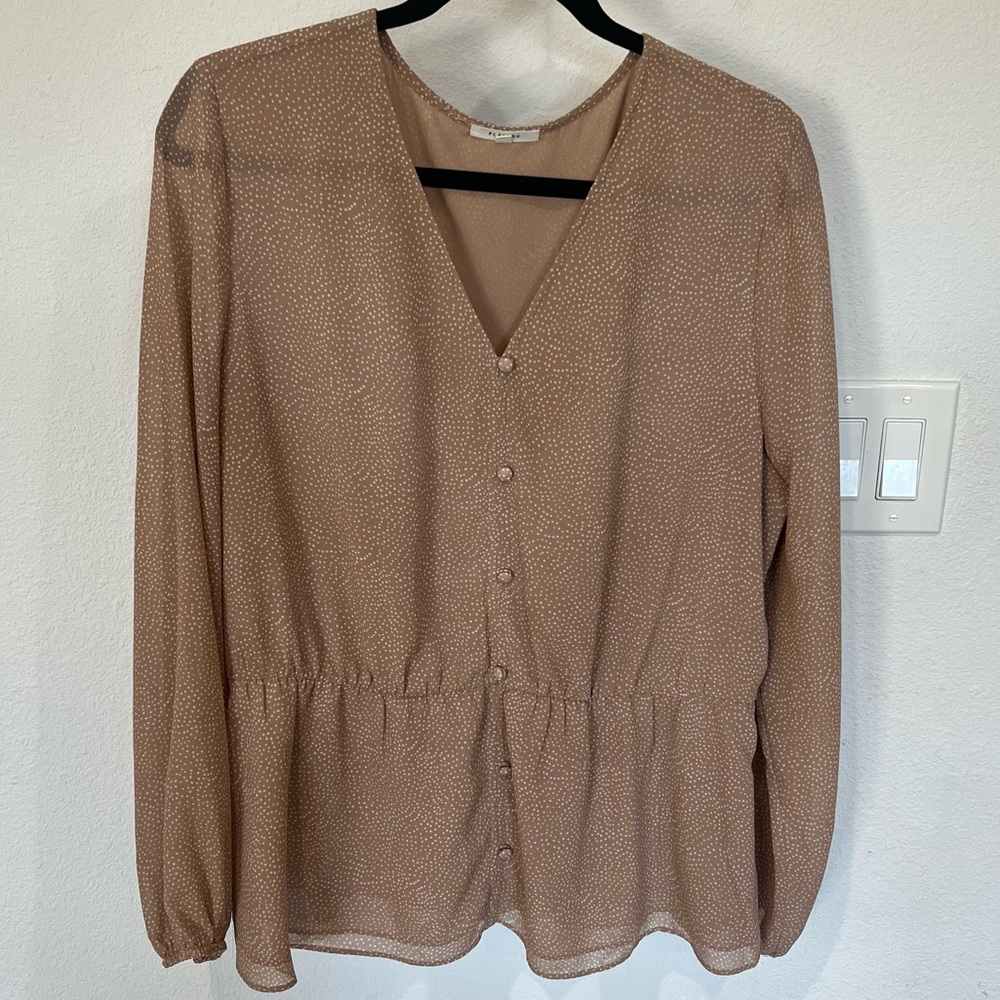 Pleione Tan Dot Button-Front V-Neck Blouse